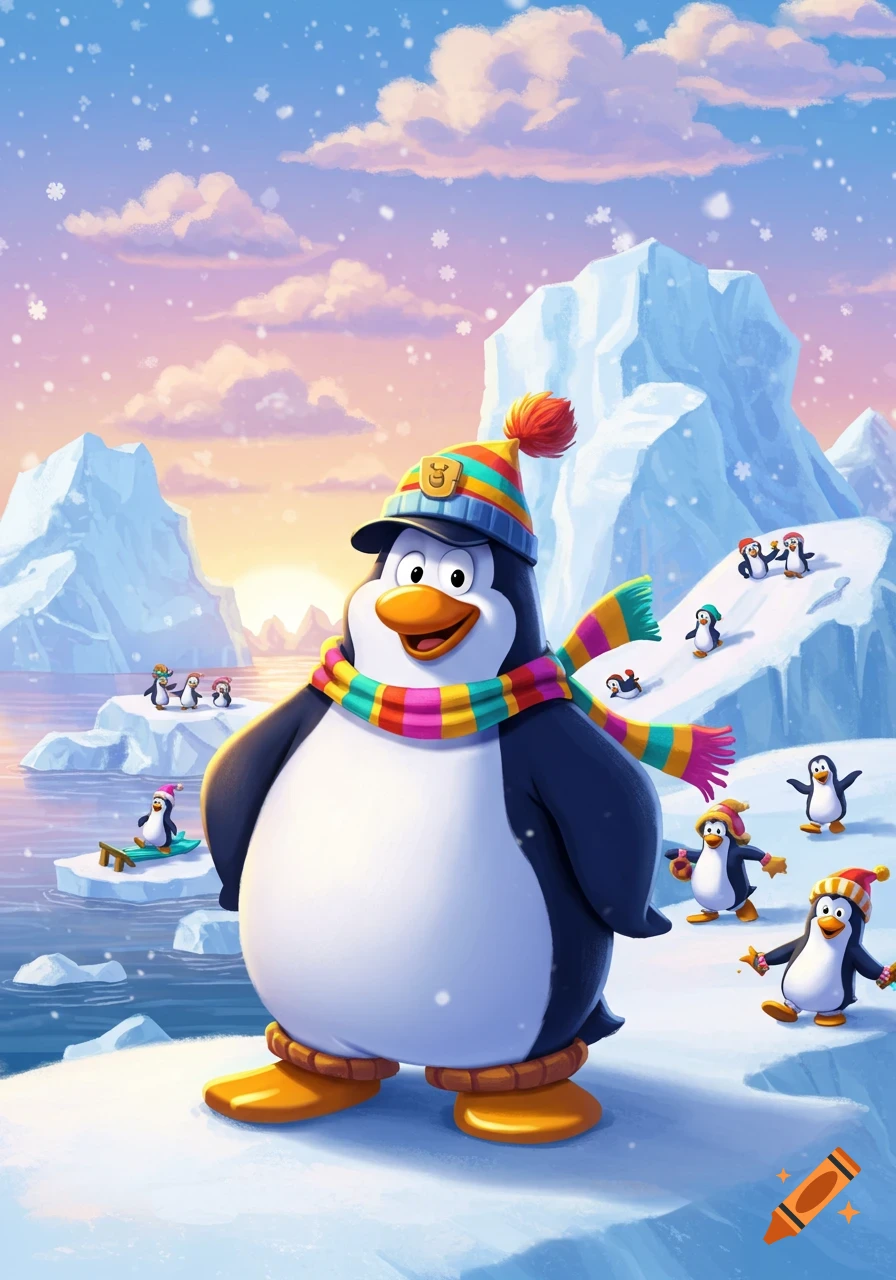 A cheerful cartoon penguin wearing a colorful hat and scarf stands in a snowy arctic landscape with other penguins.
