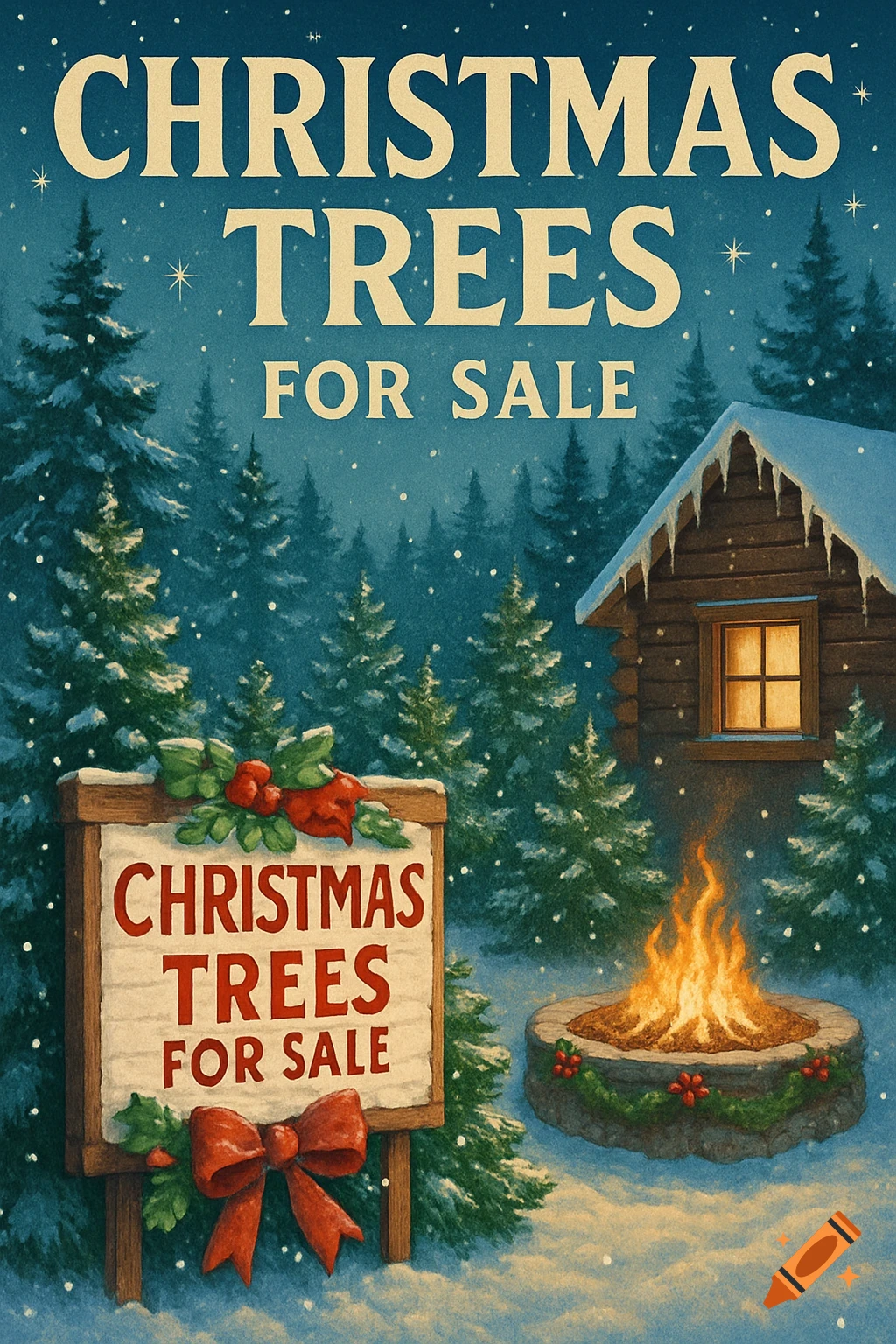 Vintage illustration of a snowy winter forest with a cabin, campfire, and a sign advertising Christmas trees for sale.