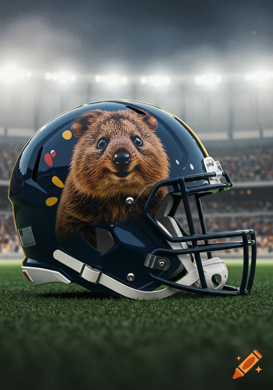 Photorealistic football helmet with a smiling quokka decal on a grassy football field, under stadium lights.