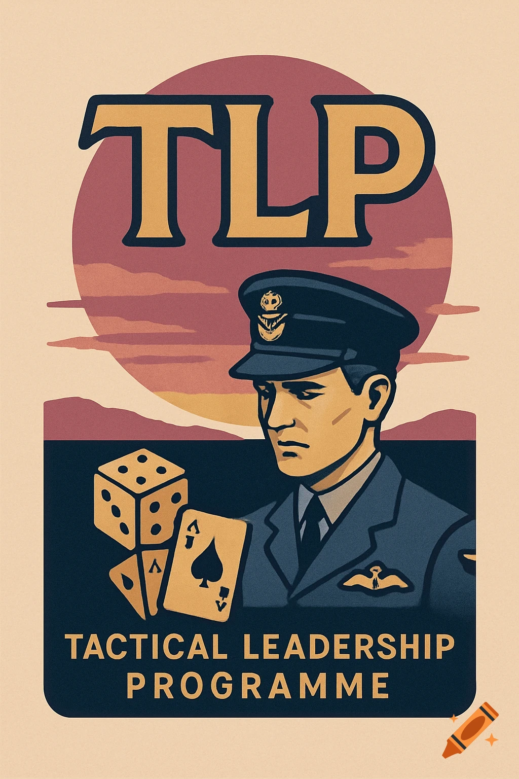 A retro-style poster featuring a serious man in an RAF uniform, dice, and playing cards, with "TLP TACTICAL LEADERSHIP PROGRAMME" text.