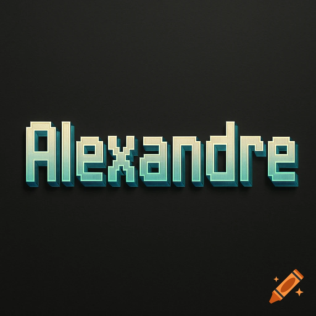 Pixelated 3D text "Alexandre" in a retro computing style on a dark background.