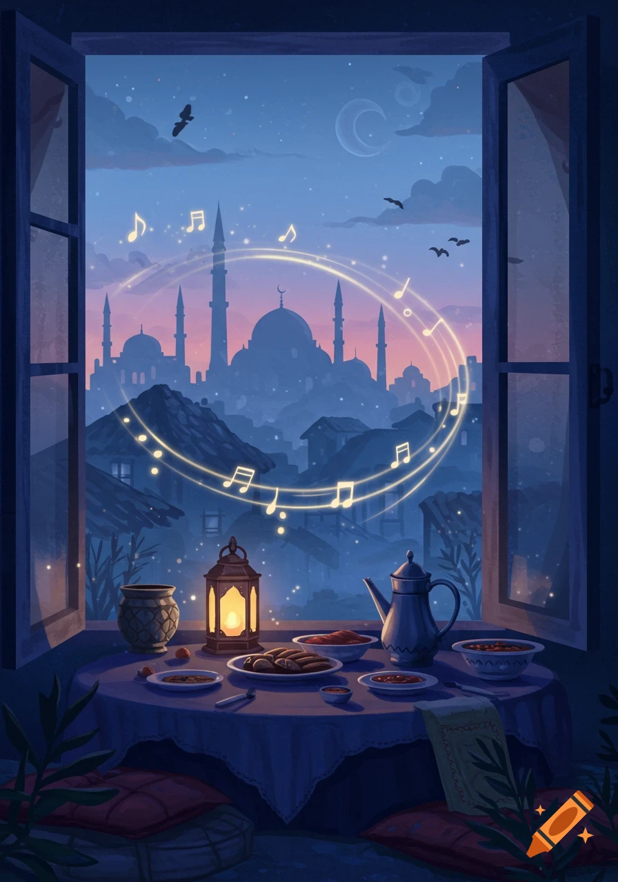 Stylized illustration of a city at dawn from an open window, with a table set for a meal, a lantern, and glowing musical notes.