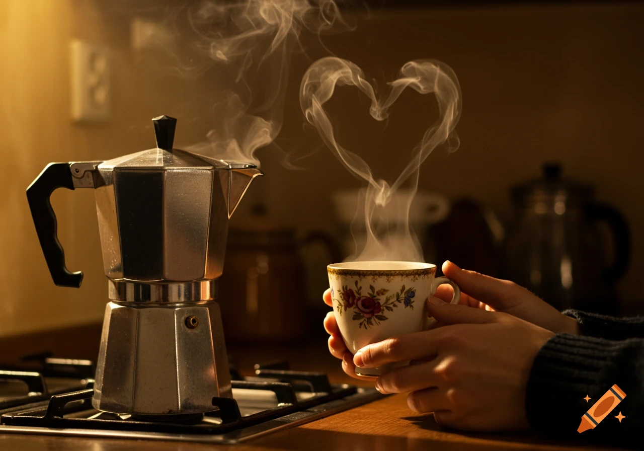 A moka pot on a stove and hands holding a steaming coffee cup, with steam forming a heart above the cup.