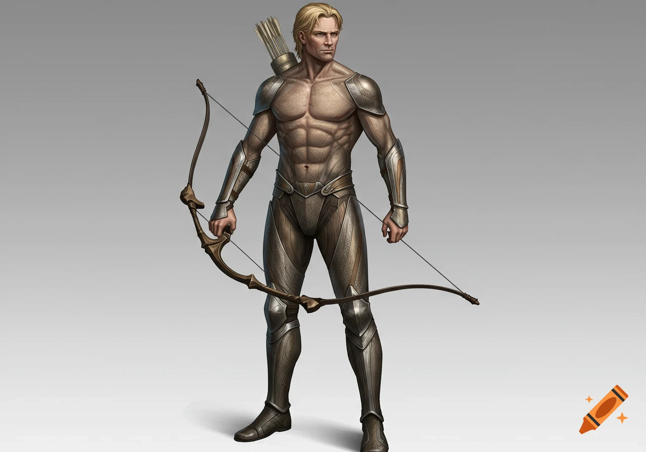 A muscular blonde male fantasy archer in ornate armor holds a bow and quiver, standing against a grey background.