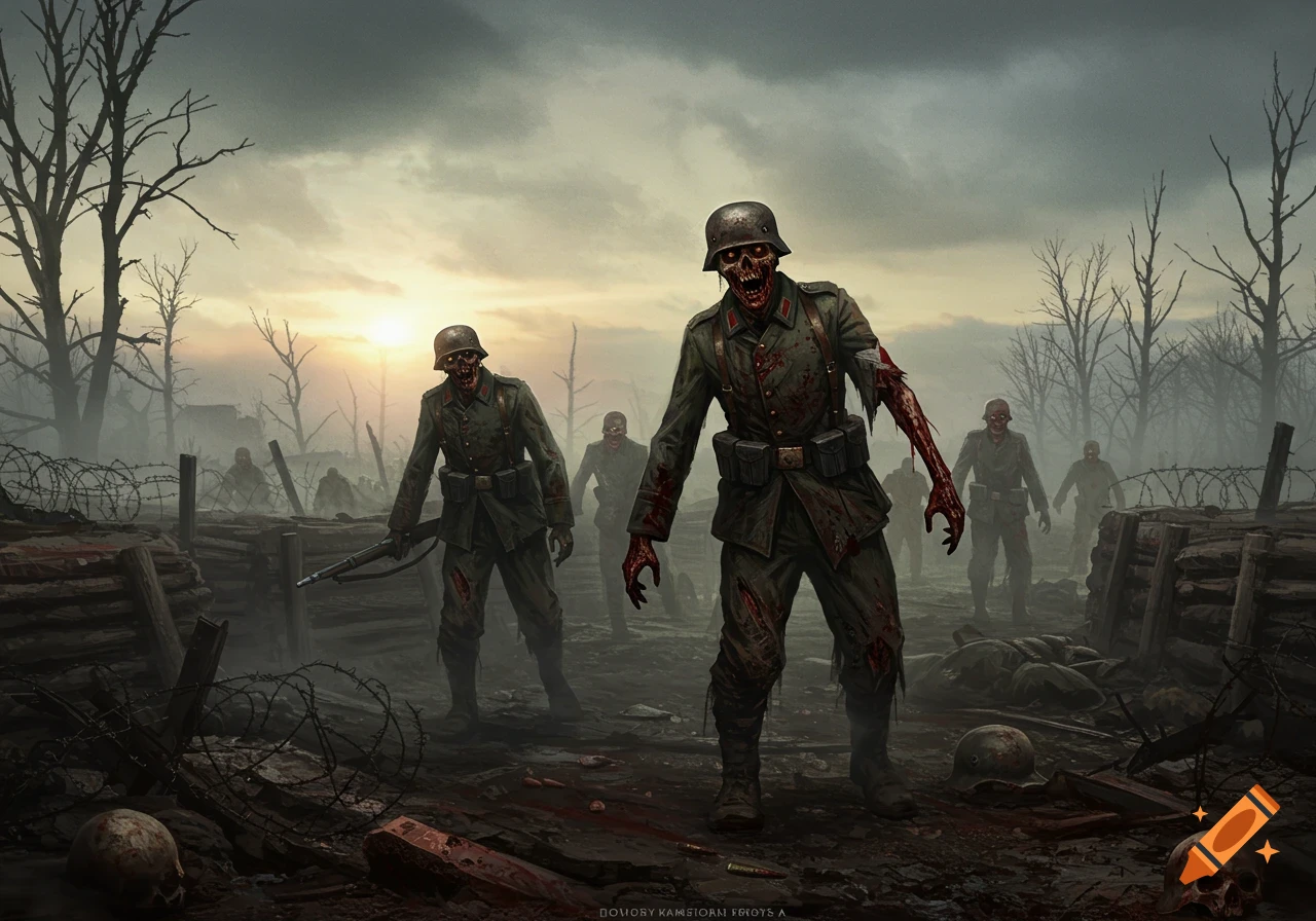 Stylized horror art of German soldier zombies walking through a desolate WWI trench battlefield at sunset.