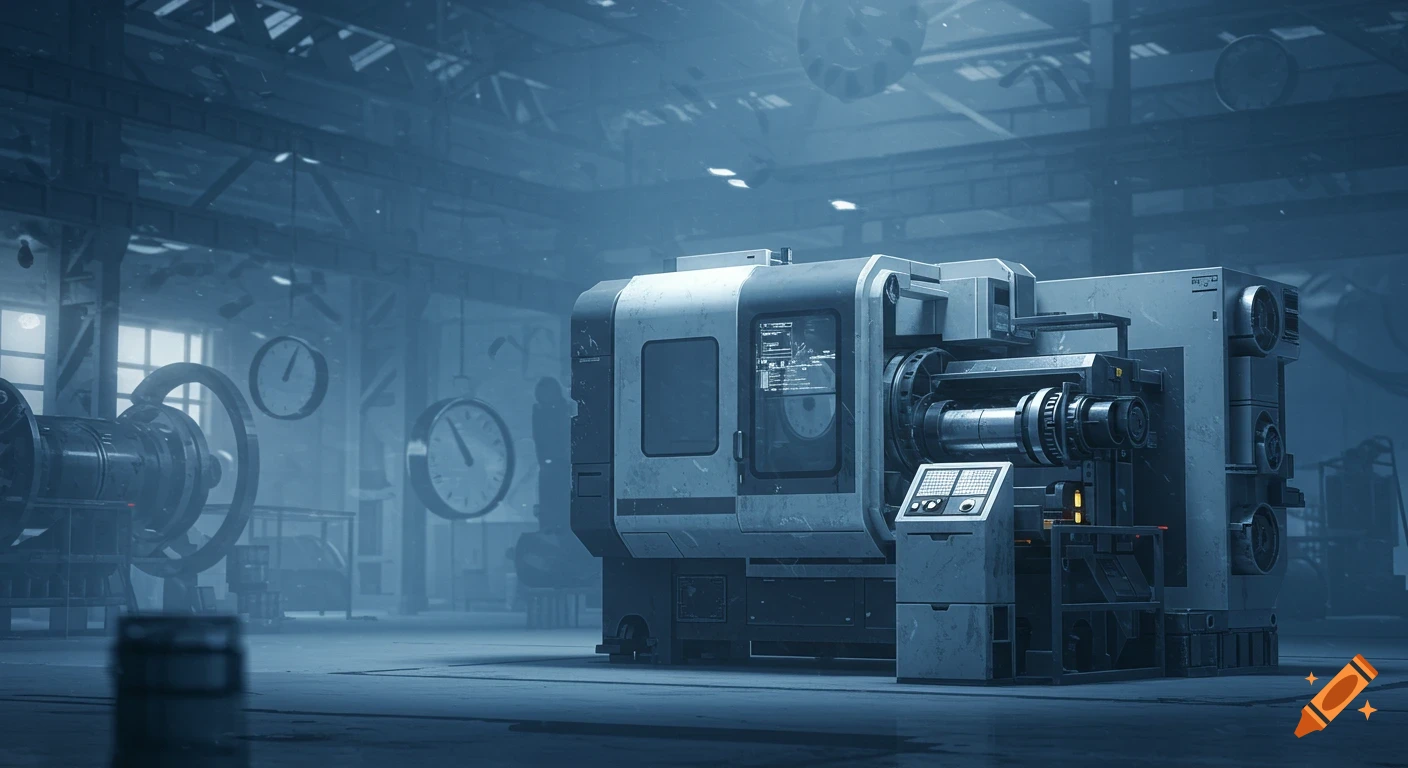 A modern industrial machine stands in a muted blue, atmospheric factory, with abstract floating clock elements in the background.