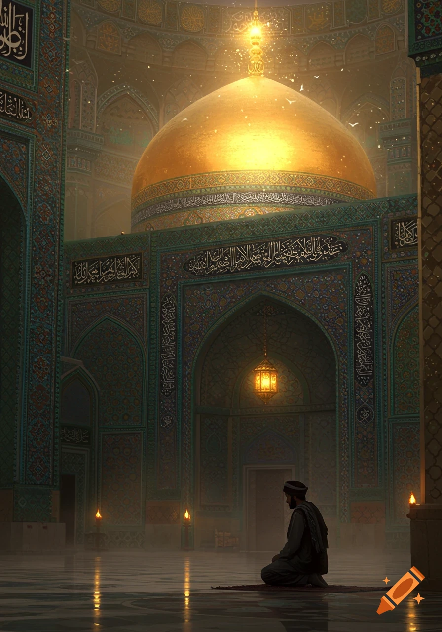 An Afghan pilgrim kneels in prayer inside a beautifully decorated, glowing Imam Reza shrine, depicted in a spiritual painting style.