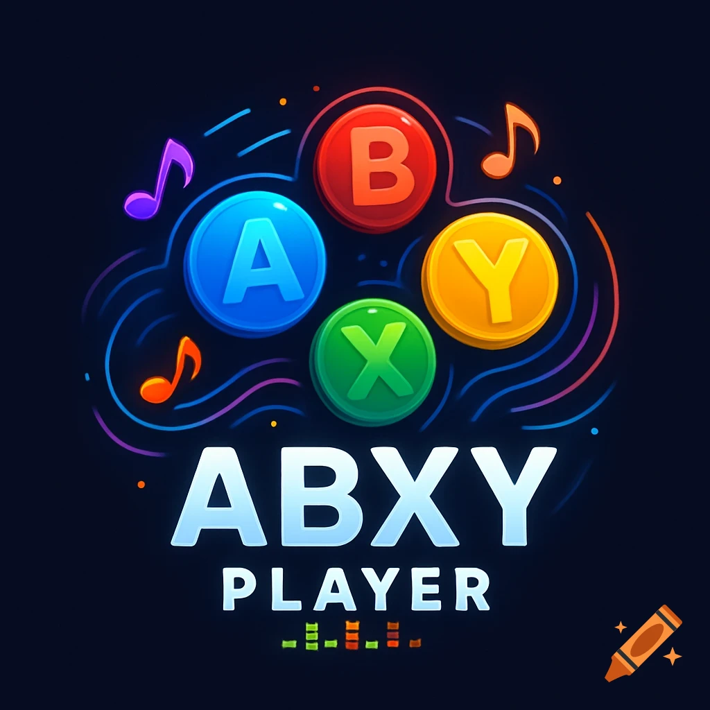 Modern logo for ABXY Player featuring colorful A, B, X, Y gamepad buttons and musical notes on a dark background.