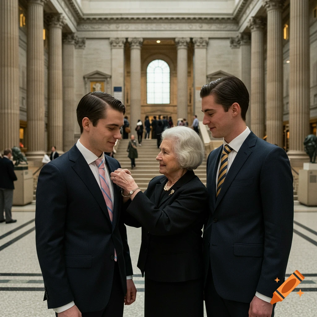 An elderly woman adjusts a young man's tie, while another young man stands beside them in a grand museum hall.
