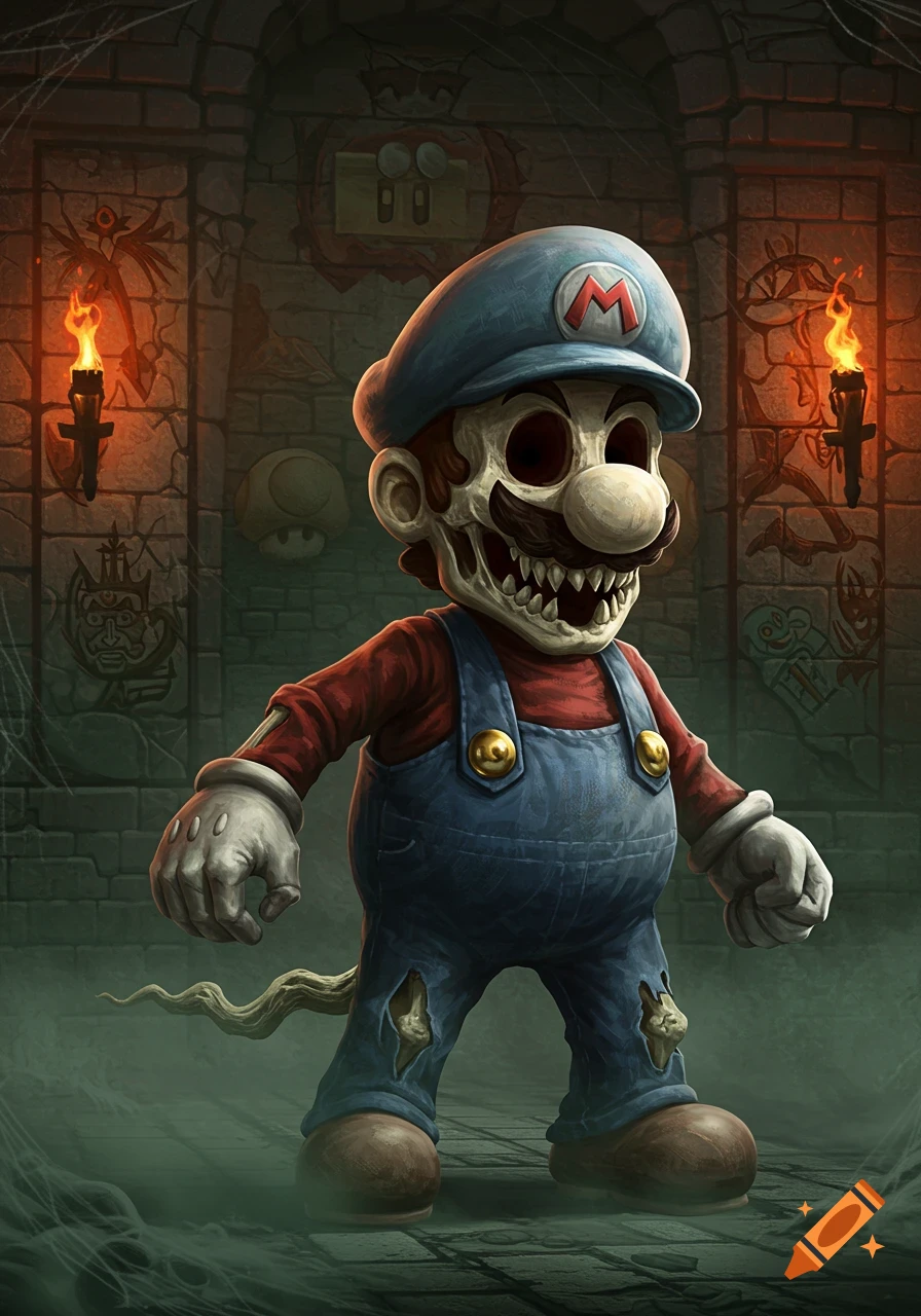 A skeletonized version of Mario, wearing his signature blue overalls and red-collared shirt, stands in a dark, torchlit dungeon.