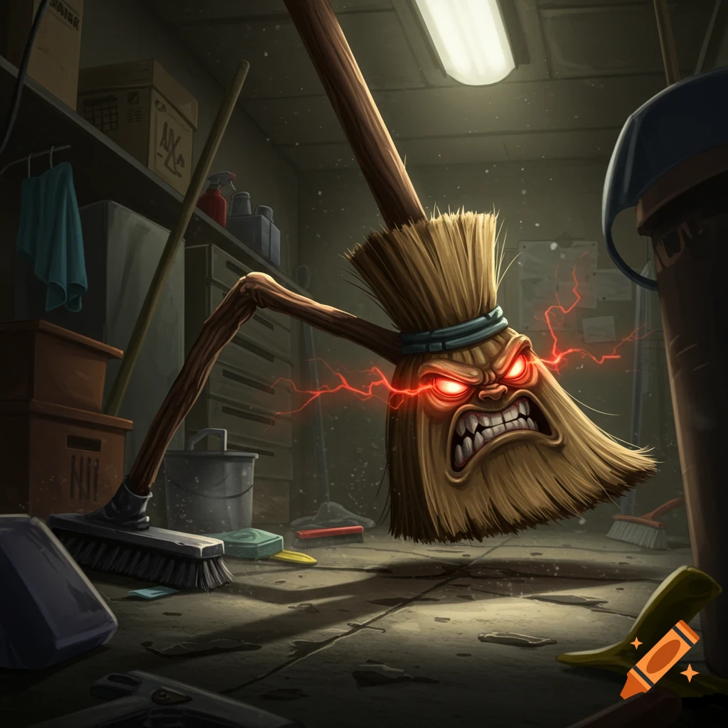 Cartoon of an angry anthropomorphic broom with glowing red eyes and red lightning, standing menacingly in a dark utility closet.