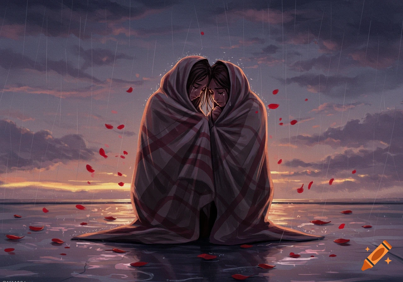 Digital painting of two people wrapped in a plaid blanket, crying in the rain at sunset with scattered rose petals.