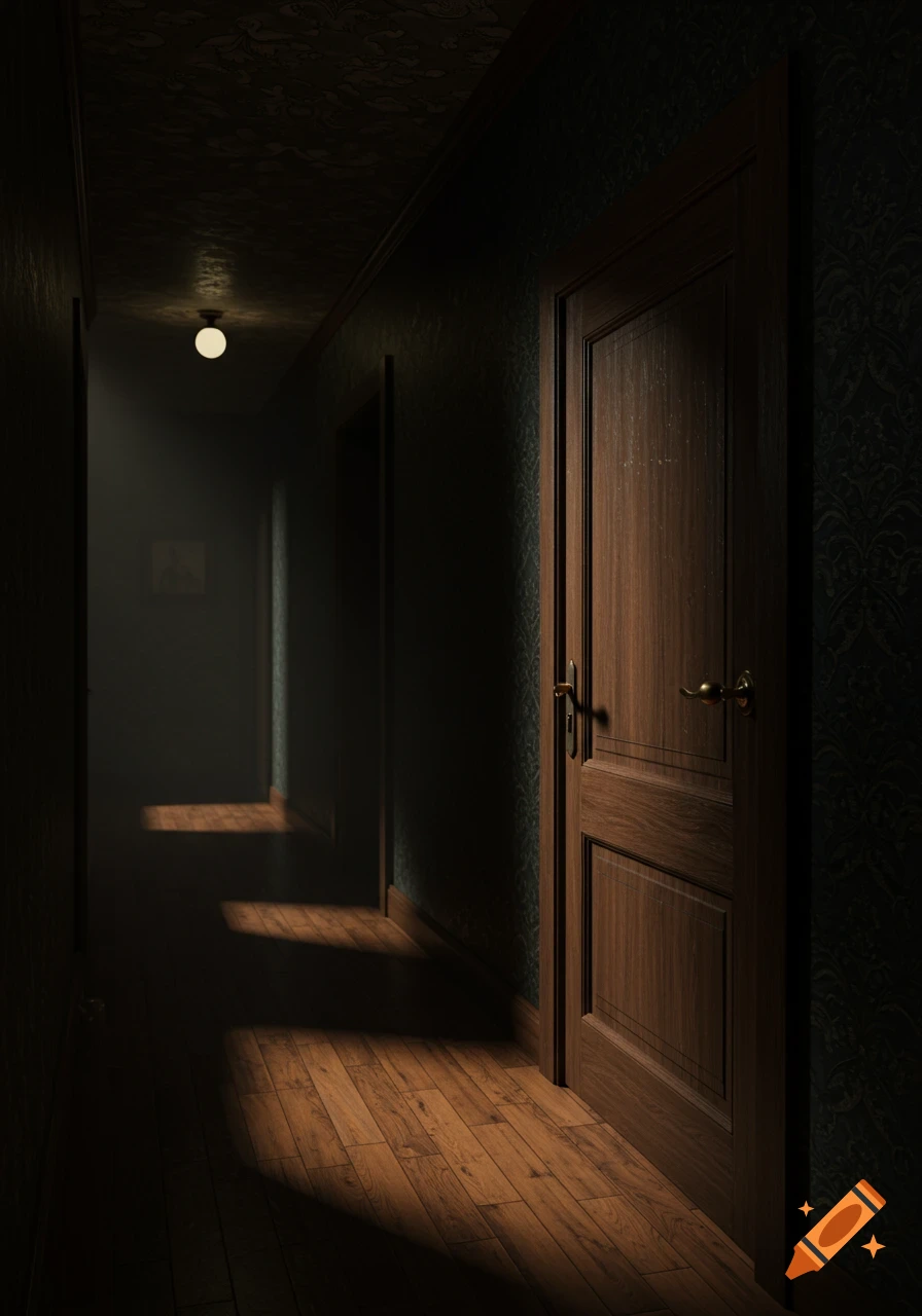 A dimly lit, dark hallway in a house with a closed wooden door on the right, and patches of light on the wooden floor.