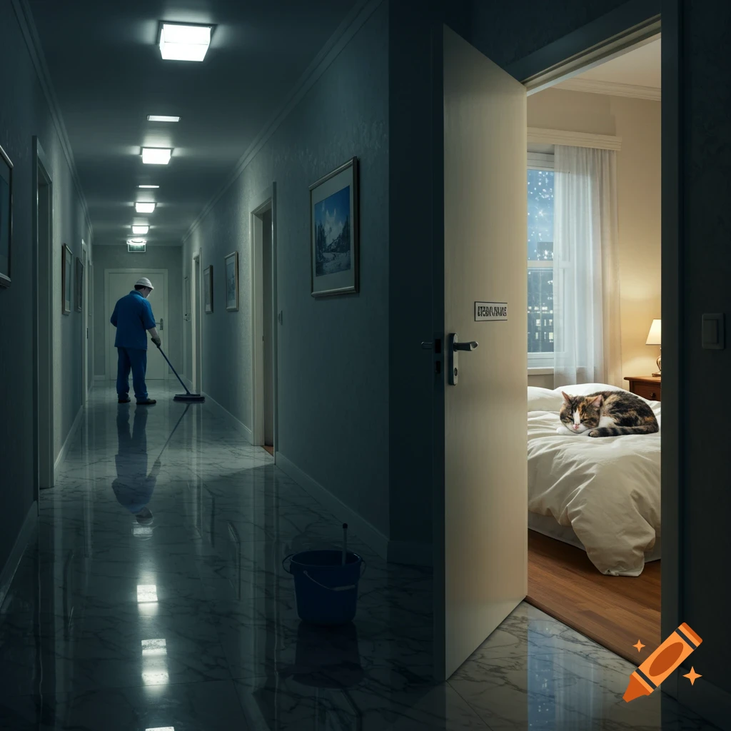 A janitor mops a dimly lit hotel hallway while a calico cat sleeps on a bed in an open room.