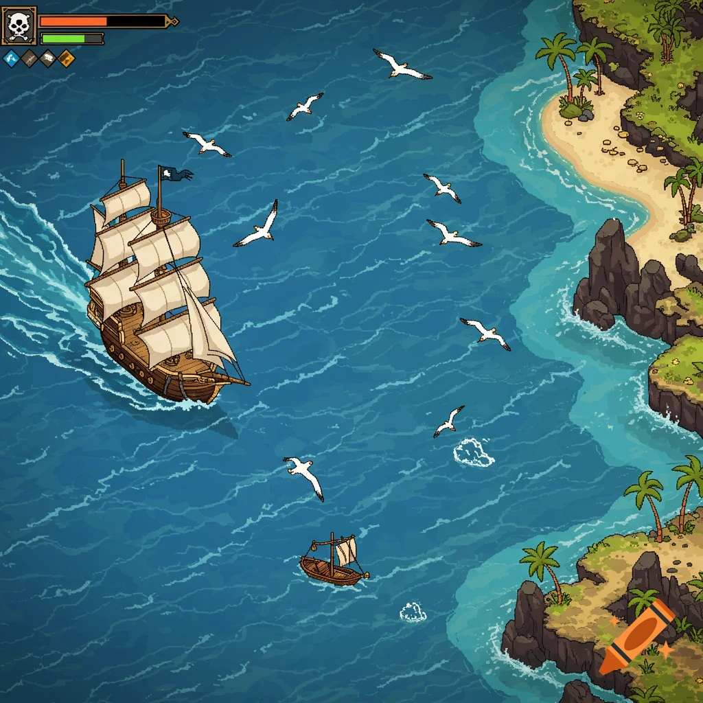 Top-down pixel art view of a pirate ship sailing on a blue sea near a tropical island with palm trees and seagulls.