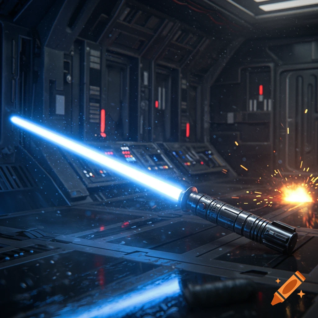 A glowing blue lightsaber lies on a dark, metallic floor inside a futuristic spaceship control room with sparks flying on the right.