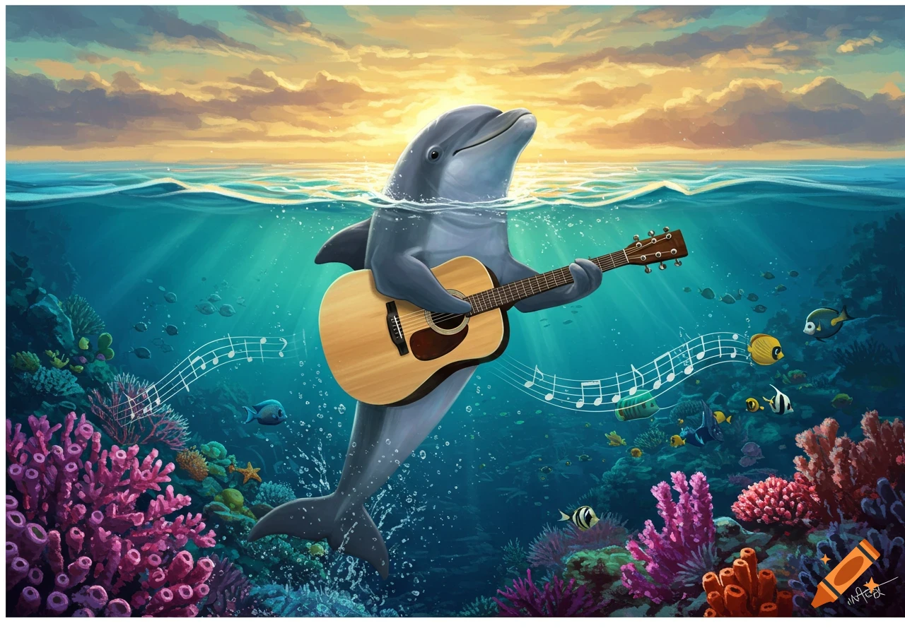 A cartoon dolphin smiles, playing an acoustic guitar while partially submerged in an ocean reef with colorful fish and coral at sunset.