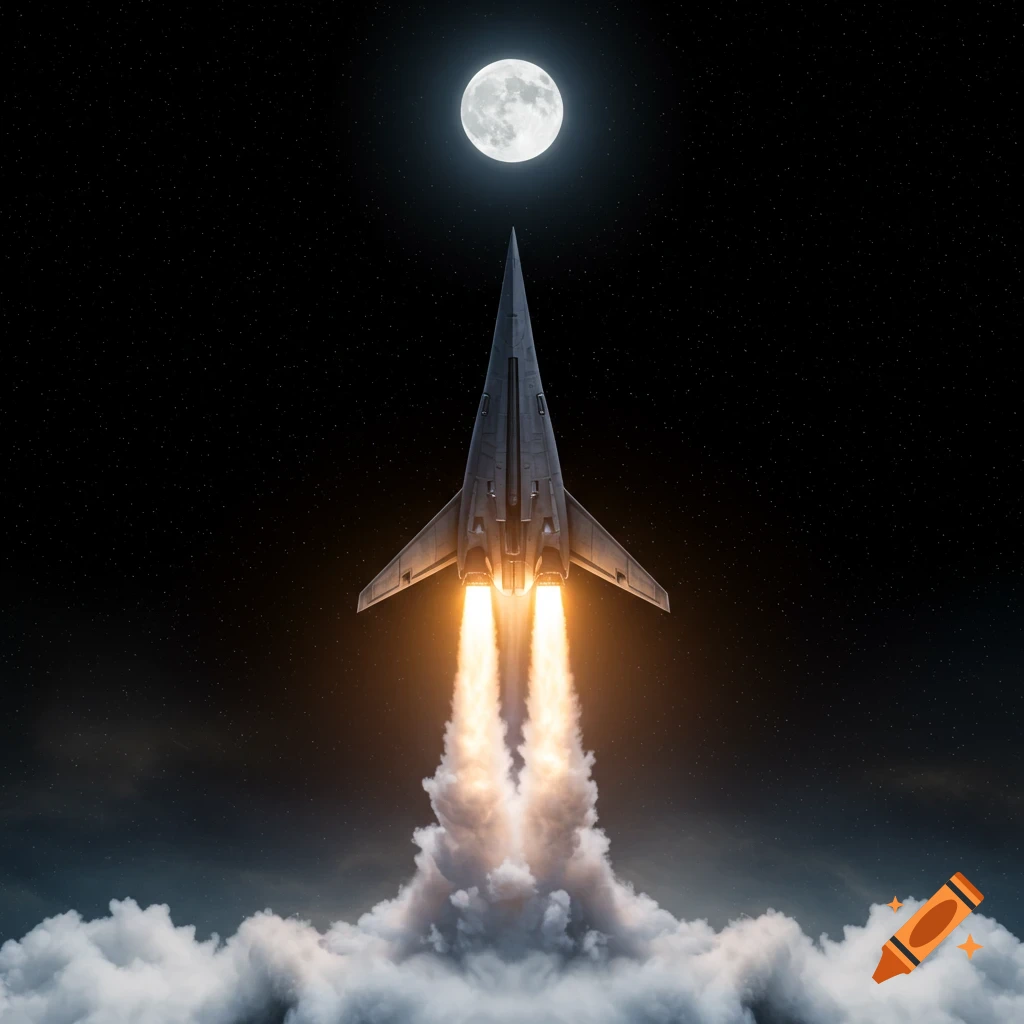 A sleek, silver rocket launches into a starry night sky, with fiery exhaust and smoke, aiming at a large full moon.