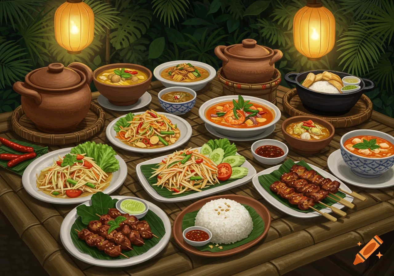 Illustration of a Thai food buffet spread on a bamboo table, with various colorful dishes, lanterns, and tropical foliage.