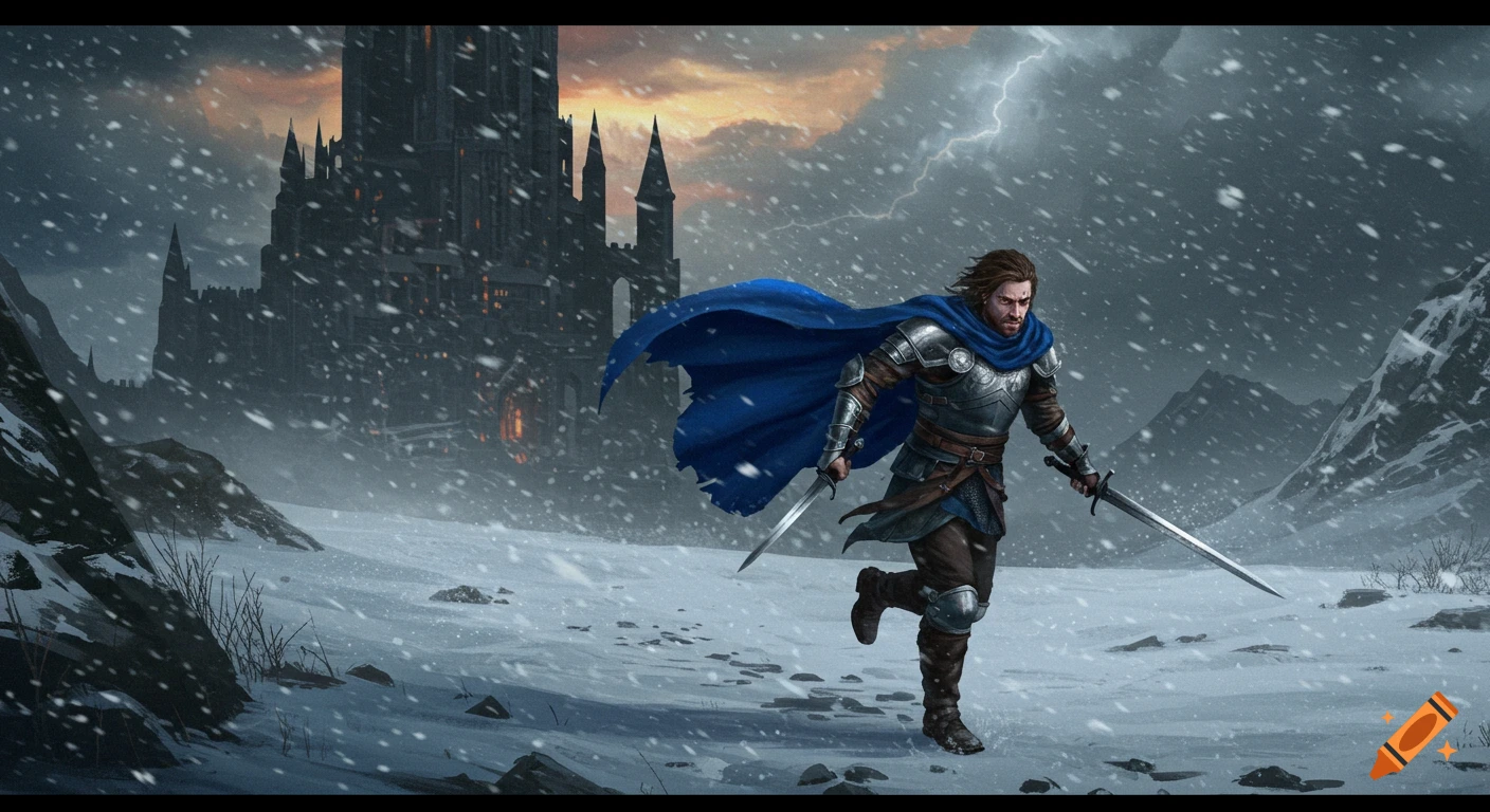 A knight in blue cape and armor runs with swords through a snowy mountain pass. A dark castle and lightning fill the stormy sky.