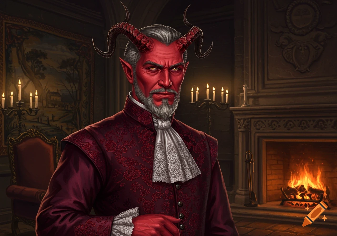 A detailed illustration of a red-skinned devil with horns, white beard, and a fancy red doublet, standing in a grand room with a fireplace.