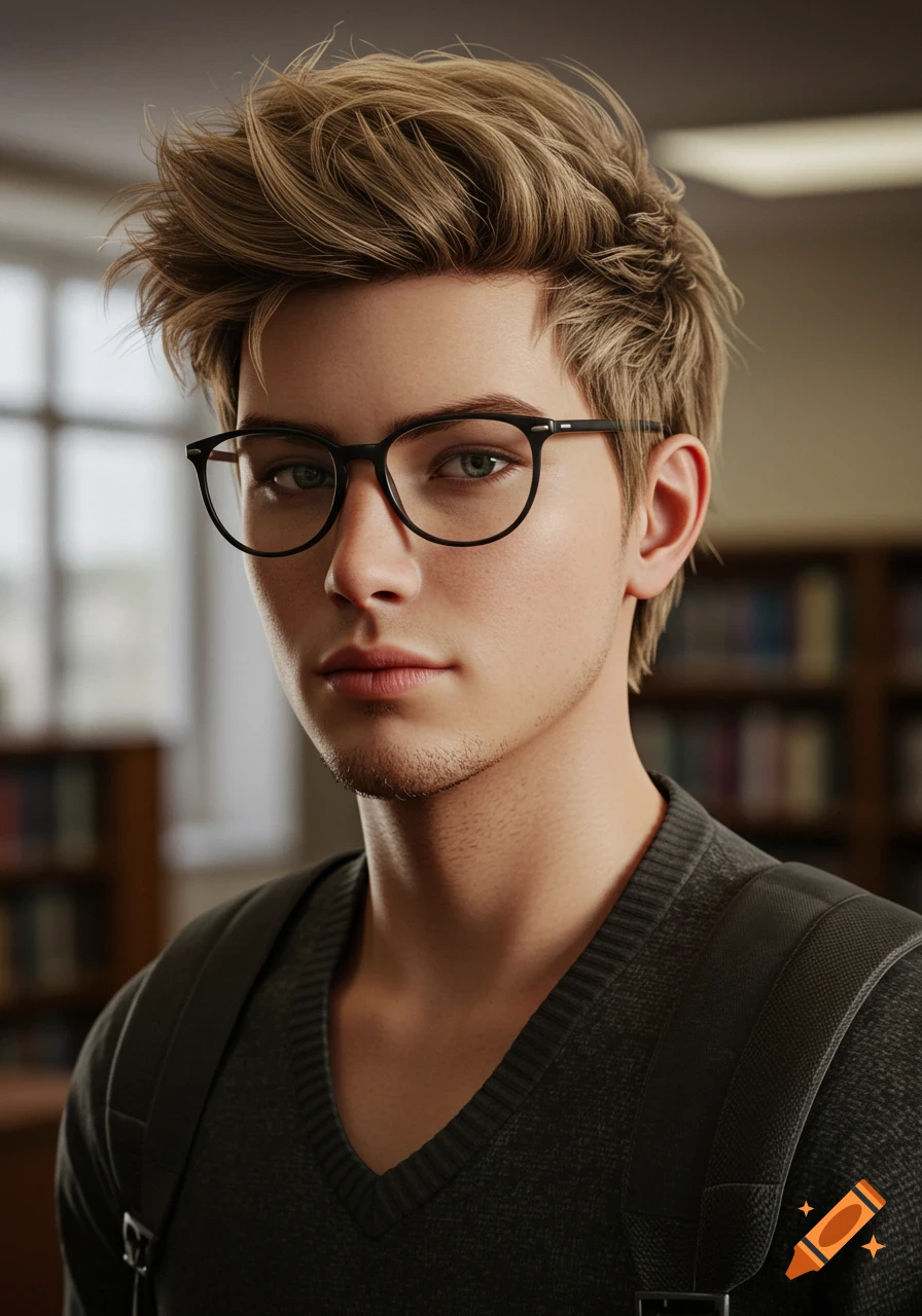 A photorealistic portrait of a young man with blonde hair and glasses, wearing a dark sweater, standing in a library.