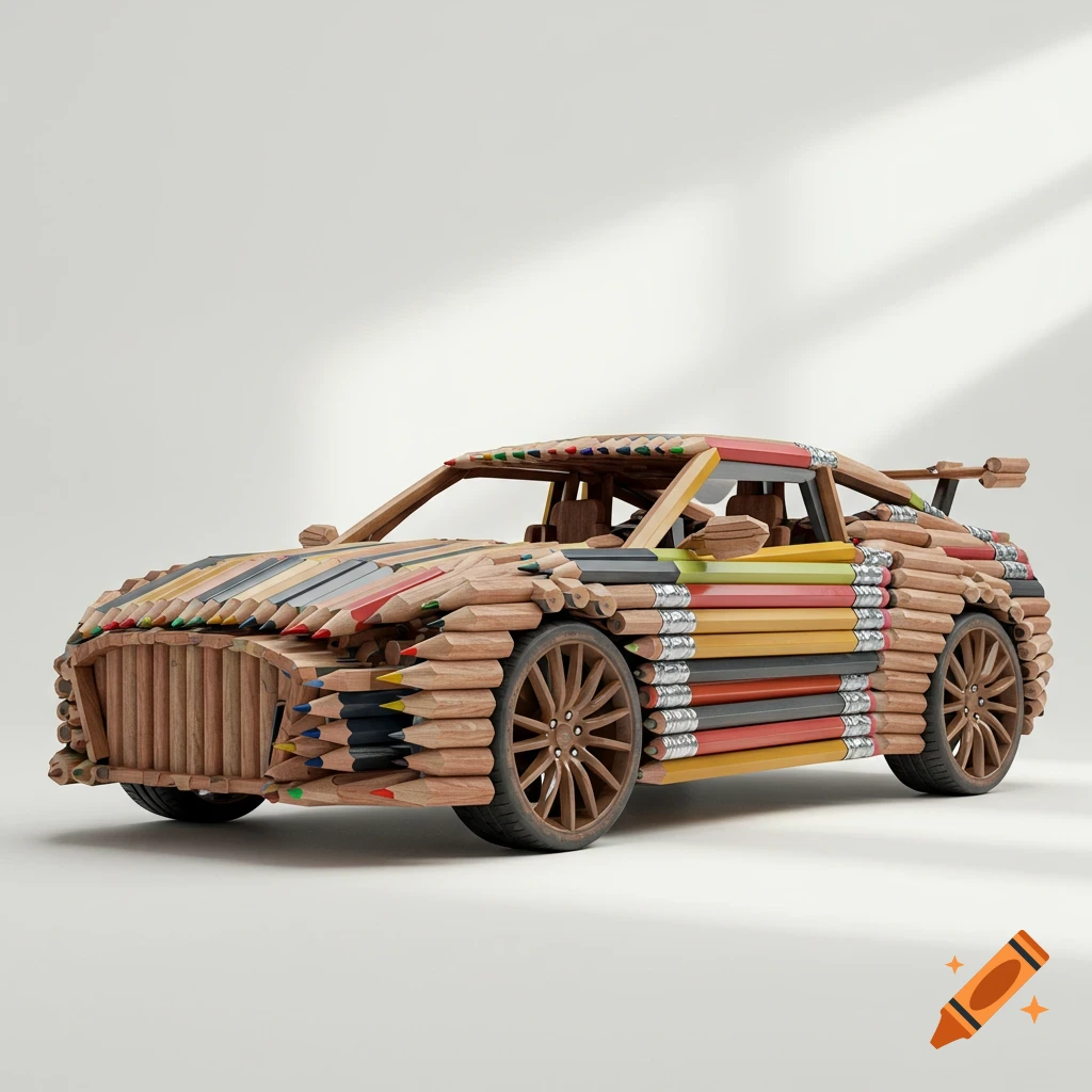 A photorealistic rendering of a sports car entirely constructed from colorful wooden pencils, set against a white background.