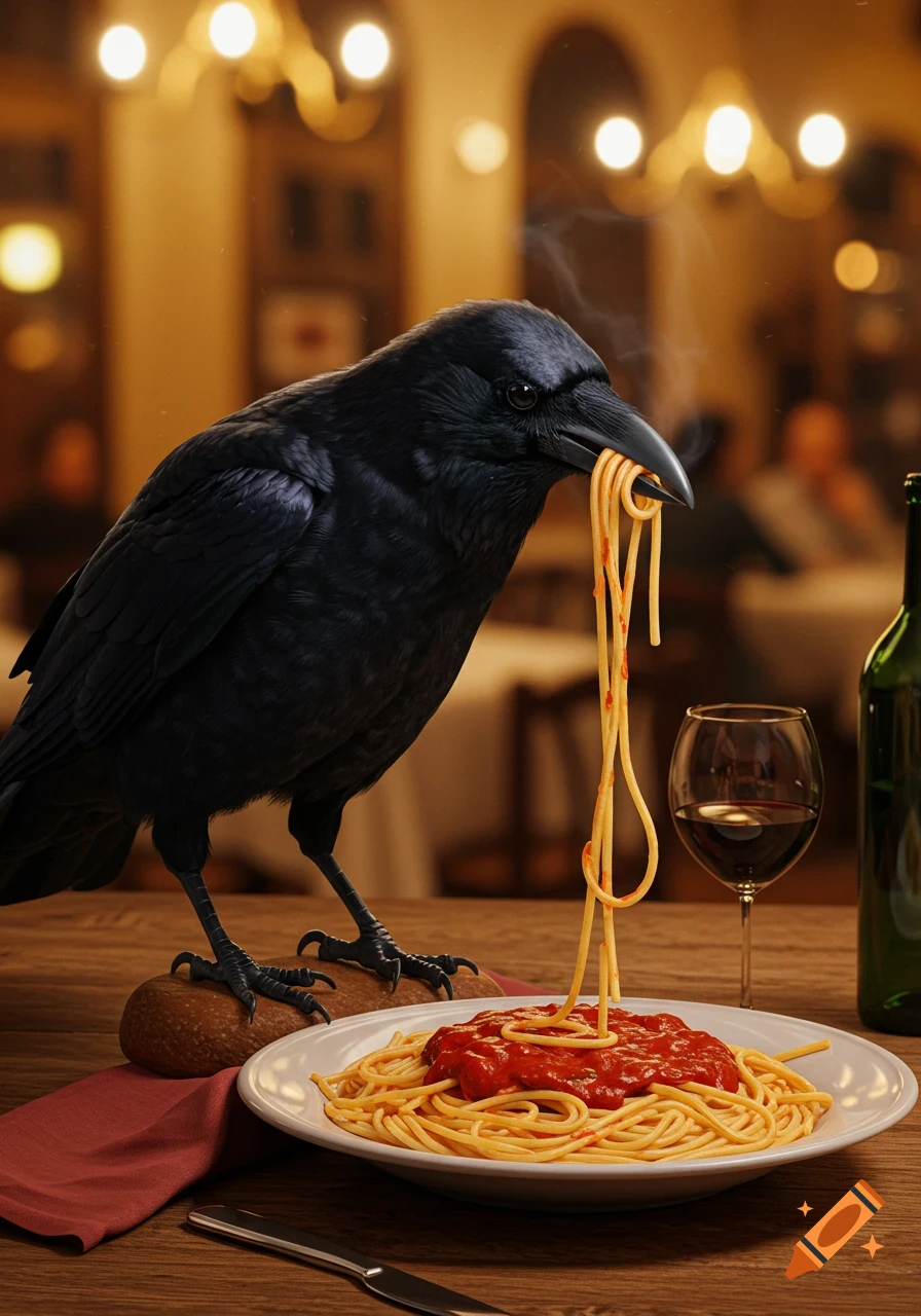 A photorealistic black crow eats spaghetti with red sauce from a plate on a wooden table in a restaurant.