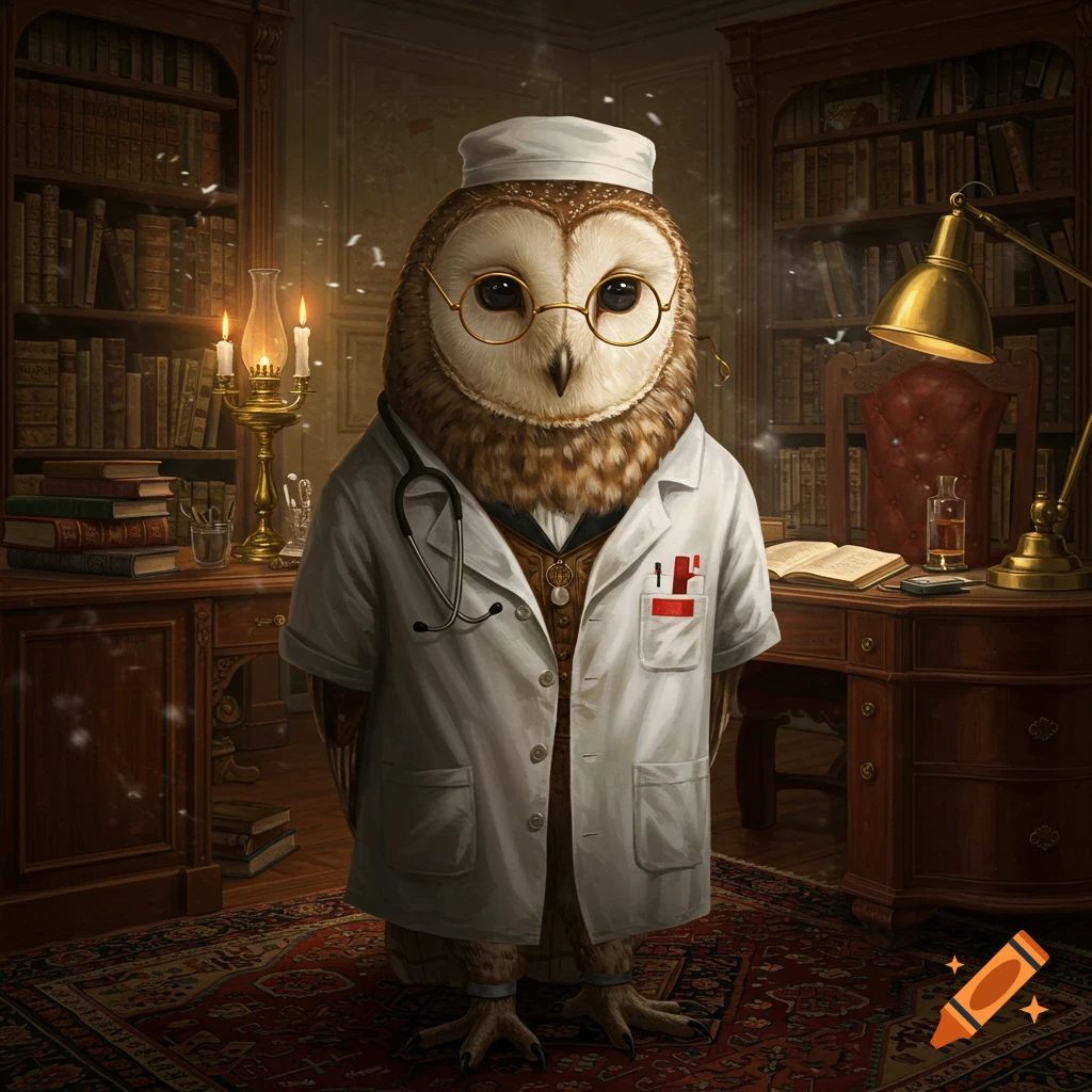 A distinguished barn owl doctor wearing glasses, a lab coat, and a stethoscope, standing in a vintage wood-paneled study filled with bookshelves.