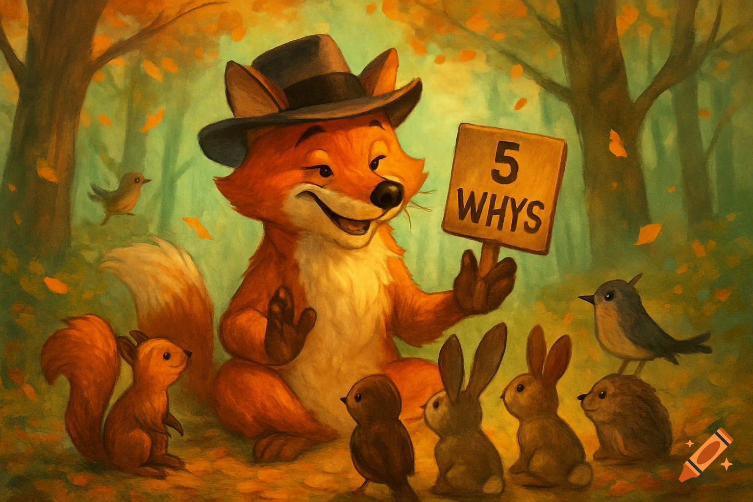 Cartoon fox in a hat holds a '5 WHYS' sign for squirrel, rabbits, birds, and a hedgehog in an autumn forest illustration.