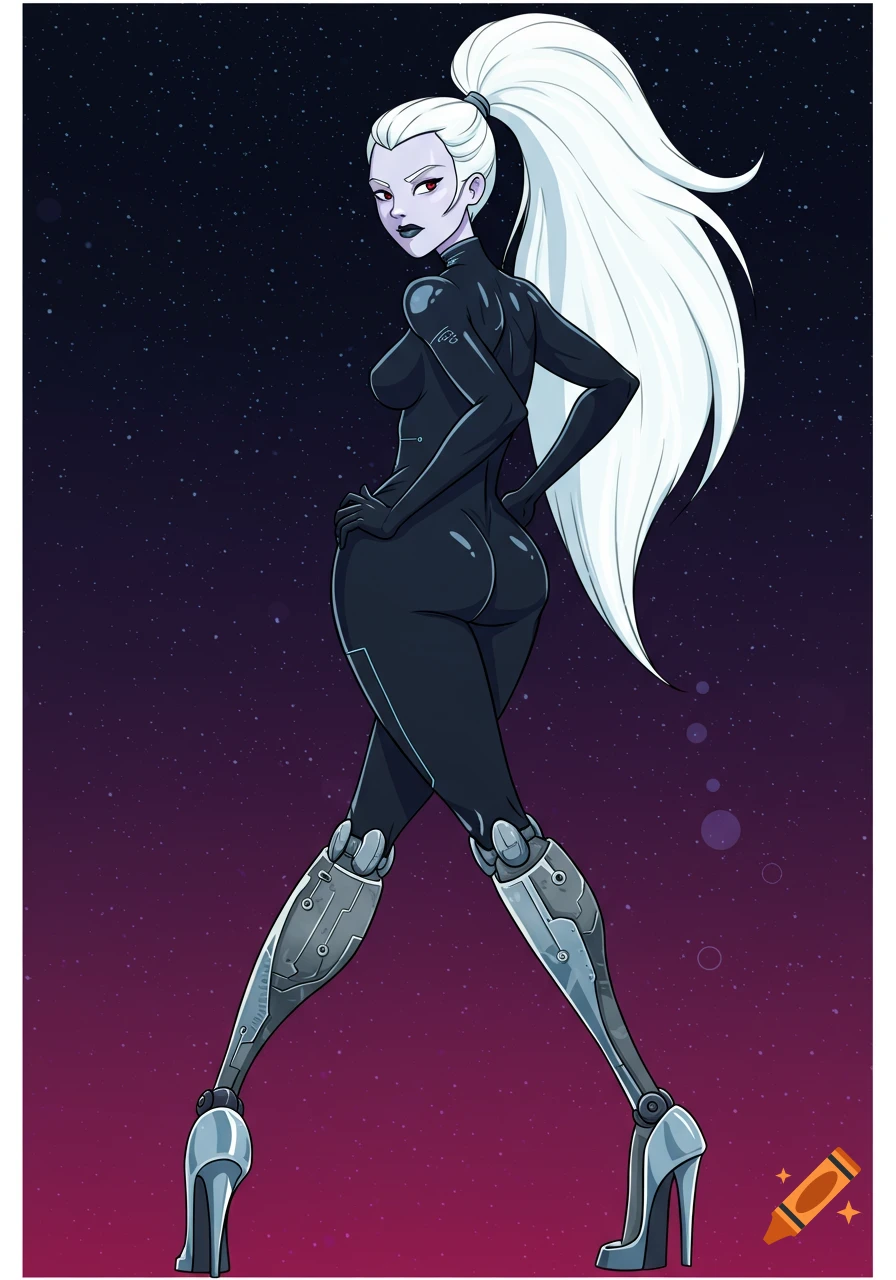 A female space bounty hunter with white hair and robotic stiletto legs, wearing a fitted black jumpsuit against a starry, purple-pink gradient background, in an Adventure Time art style.