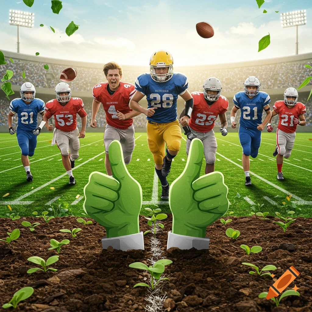 Photorealistic American football players run on a field, while two green thumbs emerge from soil with sprouts and falling leaves.