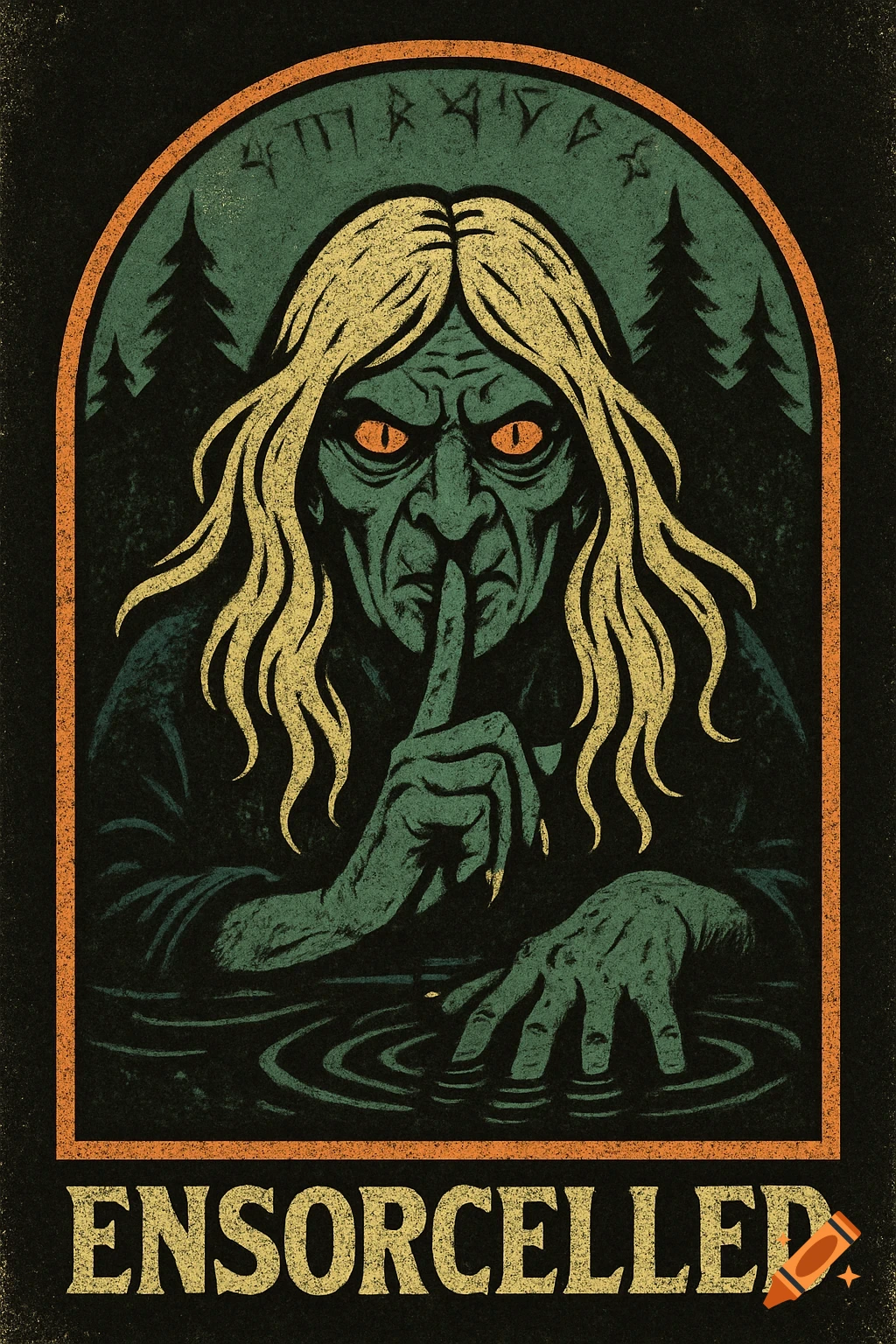 Retro comic illustration of a grotesque green witch shushing with hands in water, within a mystical forest arch. Text "ENSORCELLED".