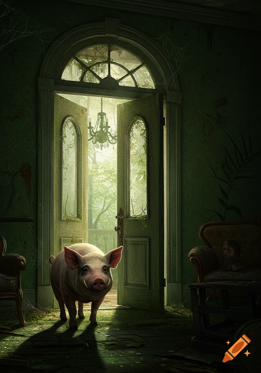 A smiling pig stands in the open doorway of a dark, overgrown abandoned house, with a bright forest visible outside.