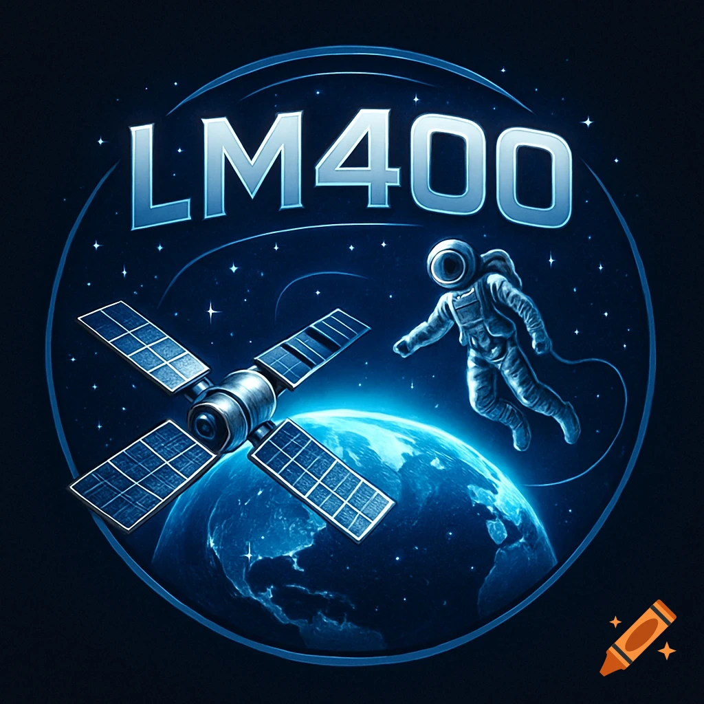 A blue space-themed logo features a satellite and an astronaut floating above Earth, with 'LM400' text.