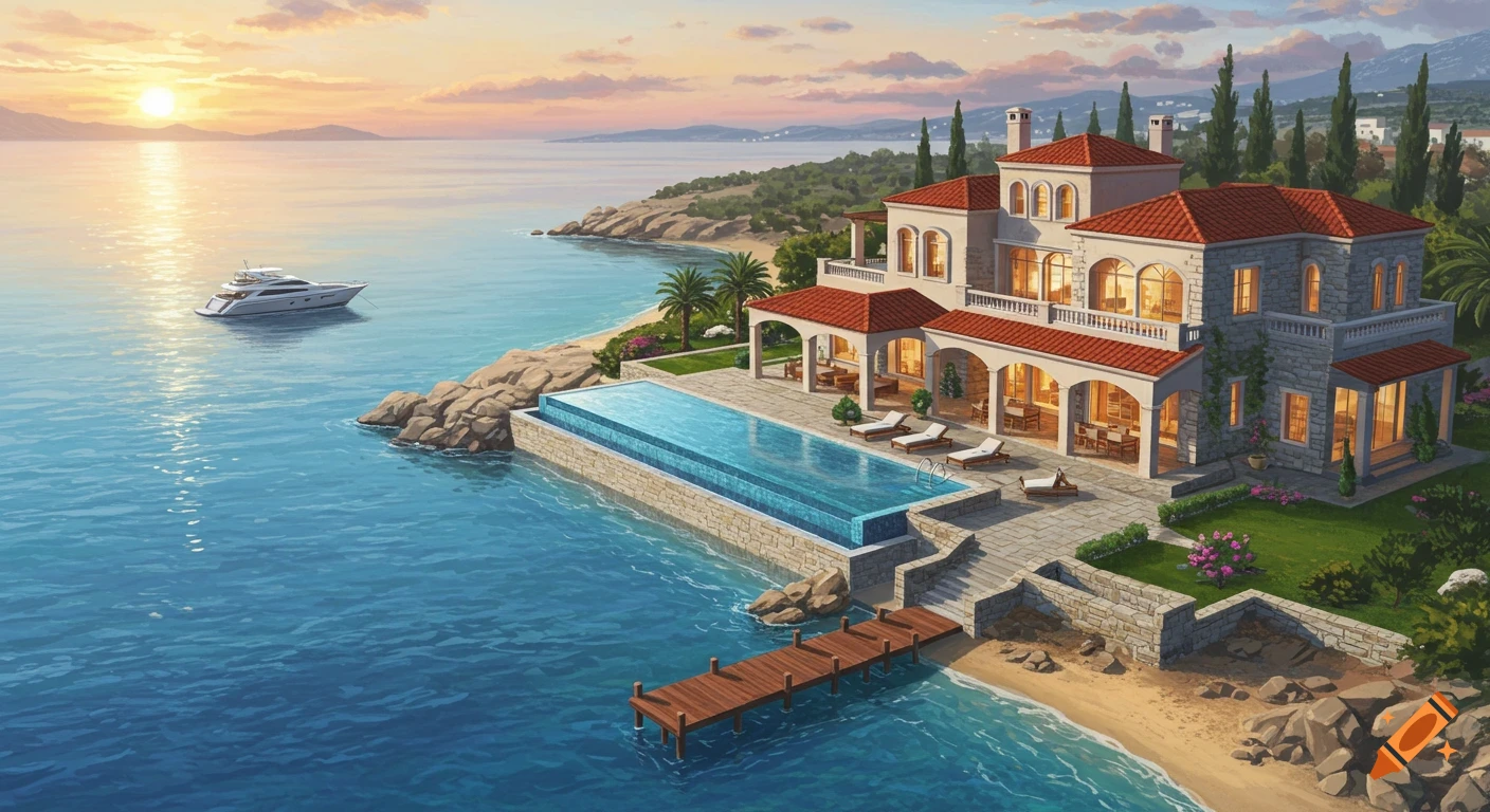 Illustrated Mediterranean villa by the ocean at sunset, with an infinity pool, yacht, and private jetty.
