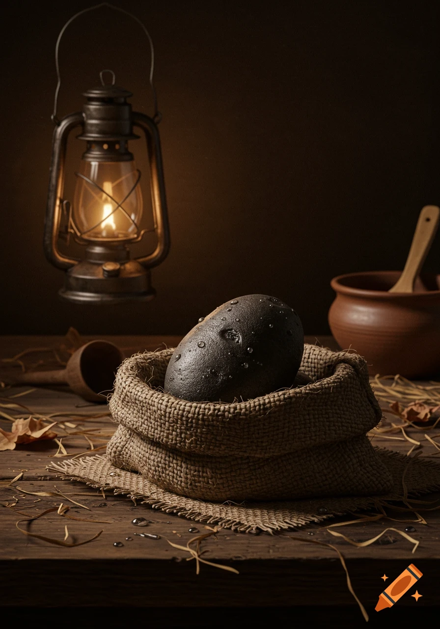 A dark, wet potato in a burlap sack on a rustic wooden table, illuminated by a glowing oil lantern.