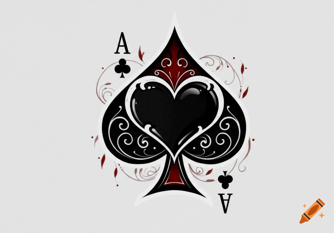 A stylized black and white Ace of Spades, featuring a prominent heart shape and club symbols, with decorative red flourishes.