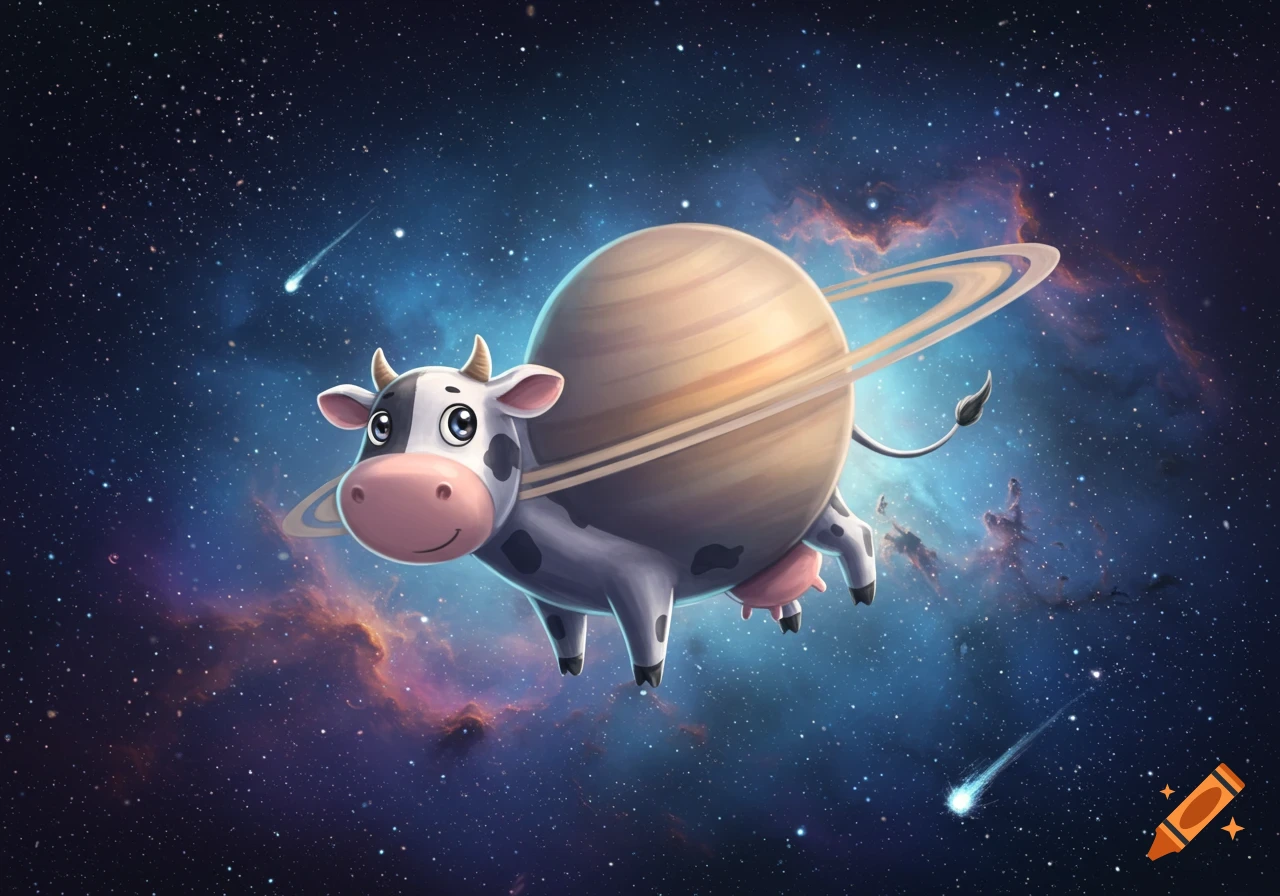 A whimsical cartoon cow with Saturn's rings floating through a vibrant starry space with nebulae and shooting stars.