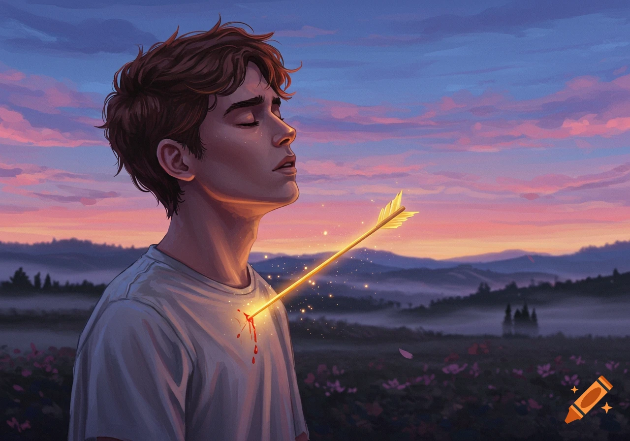 Digital illustration of a young man with closed eyes, a glowing golden arrow piercing his chest, against a misty sunset landscape with flowers.