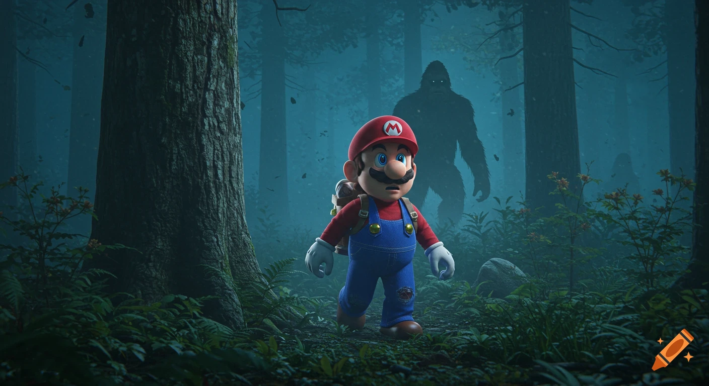 Photorealistic render of Super Mario looking surprised in a dark, misty forest with a large Bigfoot silhouette lurking behind him.