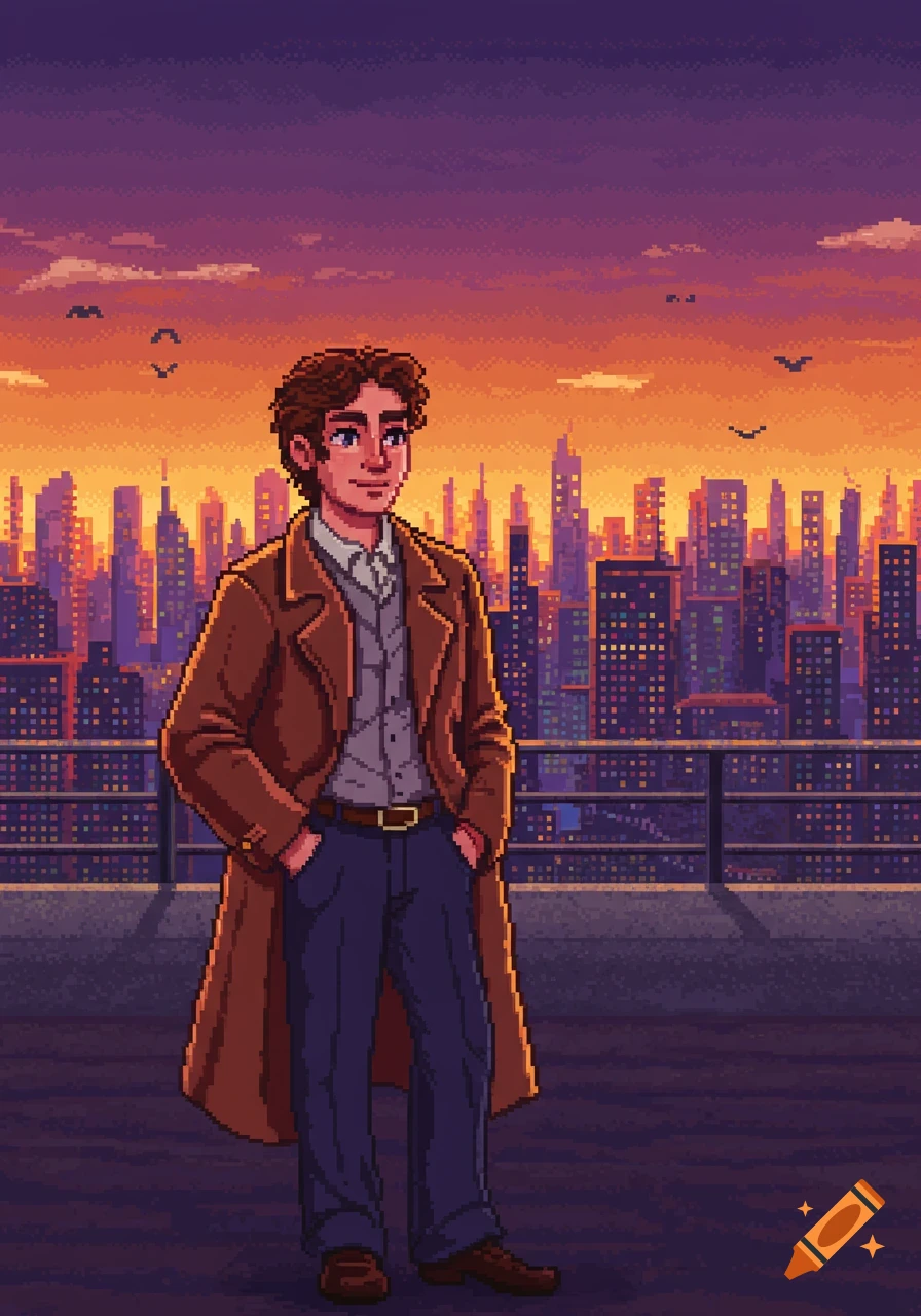 A pixel art illustration of a man in a trench coat on a rooftop, looking over a cityscape at sunset.