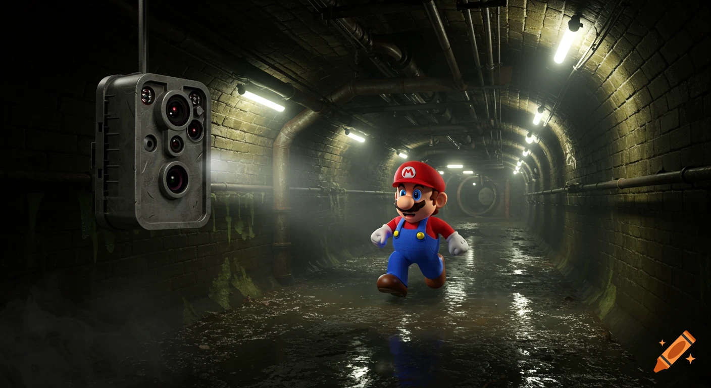 Mario runs through a dark, grimy sewer tunnel with pipes and fluorescent lights, observed by a trail camera.