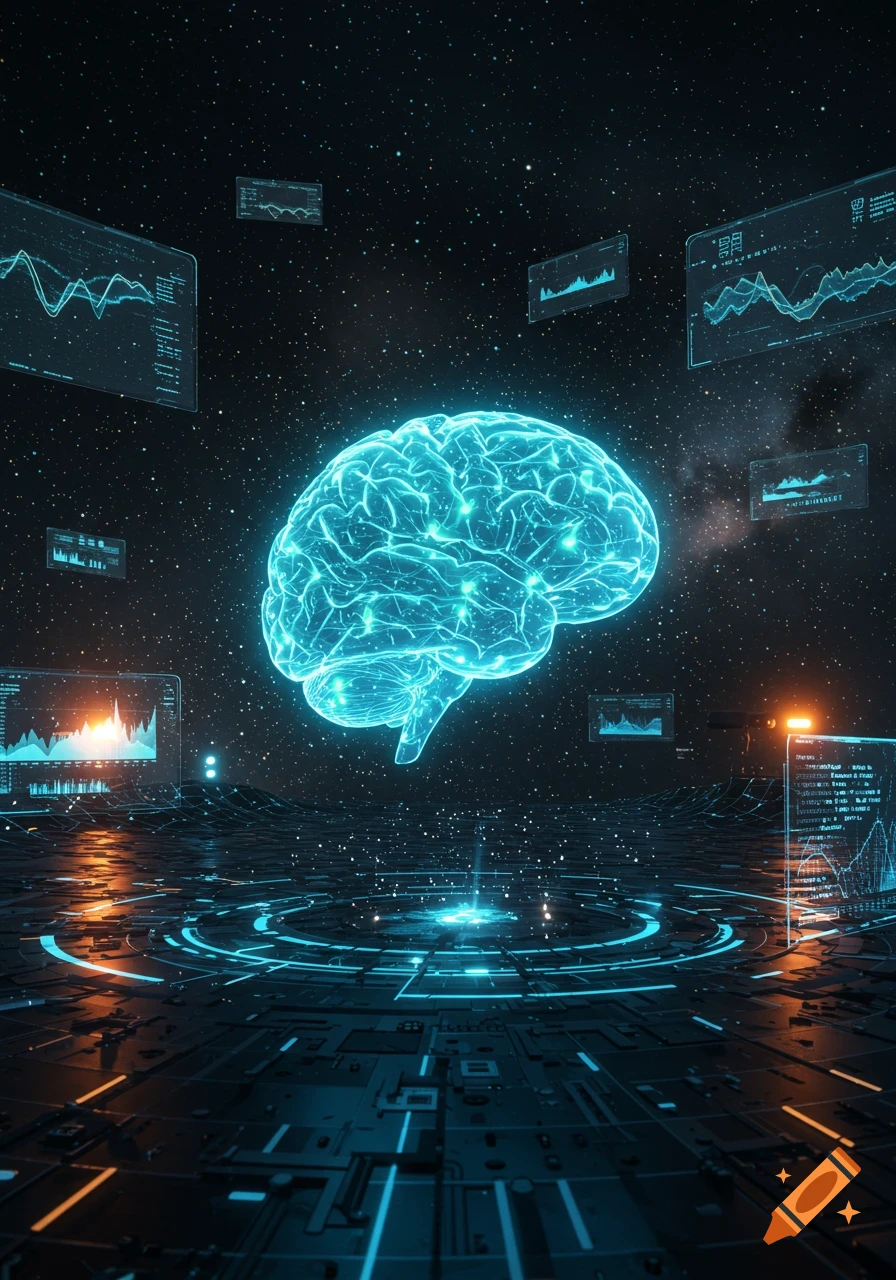 A glowing blue brain surrounded by holographic data screens and futuristic circuitry against a dark, star-filled space background.