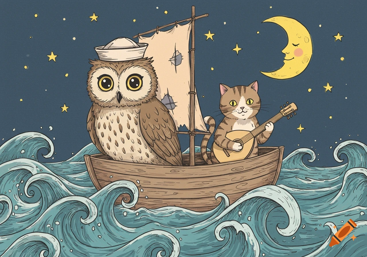 Doodle illustration of an owl in a sailor hat and a cat playing a mandolin in a sailboat on wavy seas under a starry night with a smiling moon.
