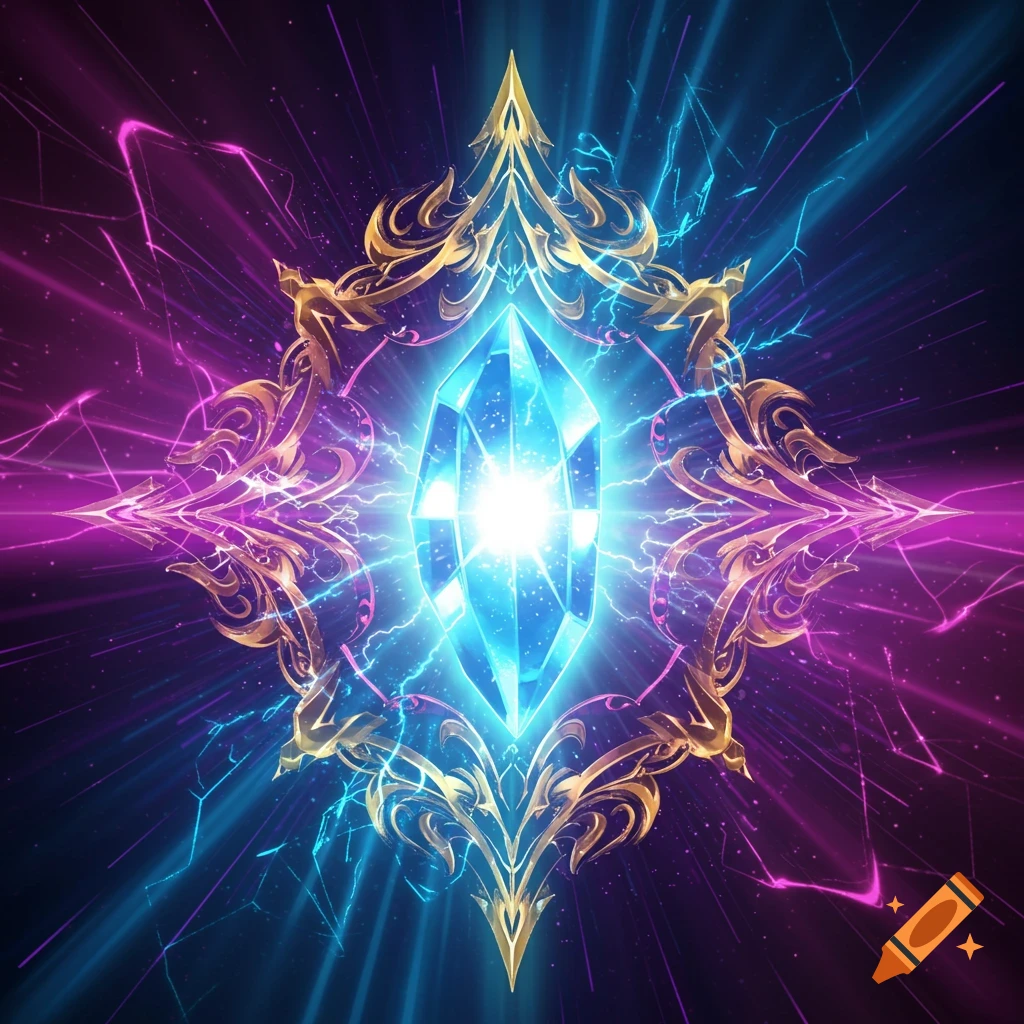 Bright blue crystal with ornate gold frame, emitting purple and blue neon energy and lightning on a dark background, digital art.