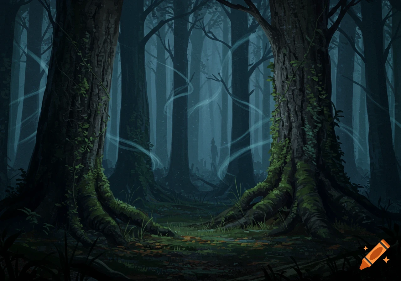 A dark, atmospheric forest with glowing blue wisps swirling around mossy trees and gnarled roots, art style.