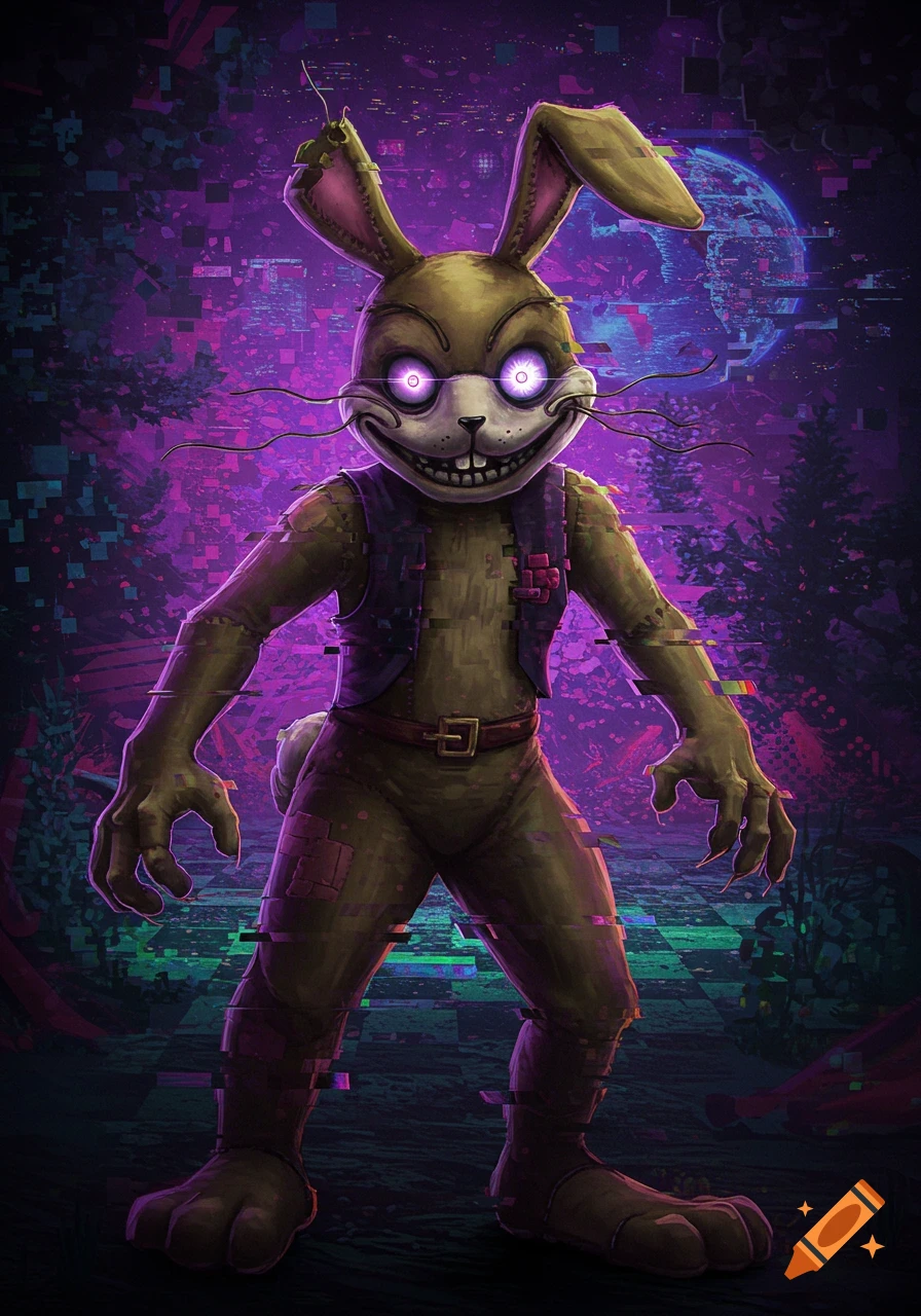 Stylized horror rabbit character, Glitchtrap, with glowing purple eyes and a creepy grin, against a glitchy purple and green forest background.