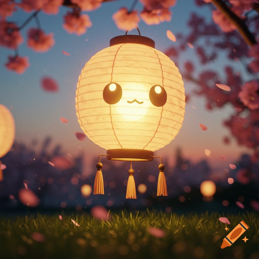 A glowing, cute paper lantern with a smiling face hangs under cherry blossoms at dusk, with petals falling onto grass.