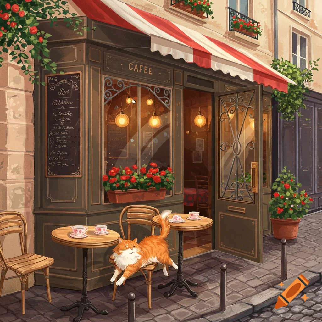 A charming illustrative scene of a French cafe with an orange and white cat stretching on a chair outside.